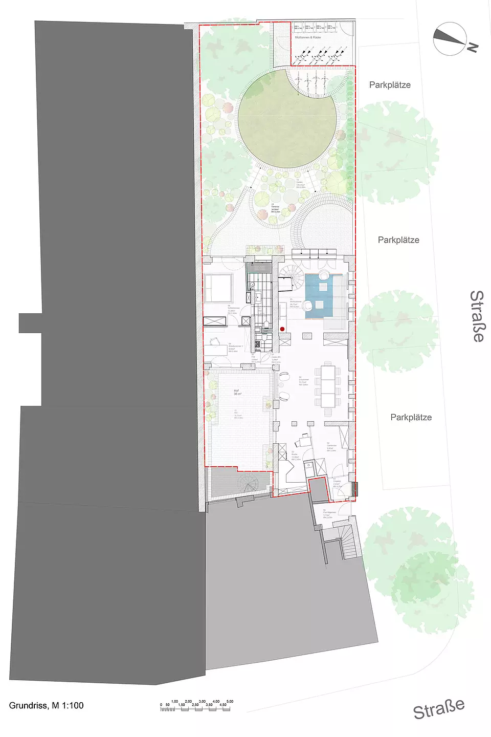 Leitidee dieser ebenerdiges Wohnung mit maximalem Gartenbezug: Aufenthaltsräume orientieren sich zu den Grünflächen, Nebenräume sind kompakt organisiert.